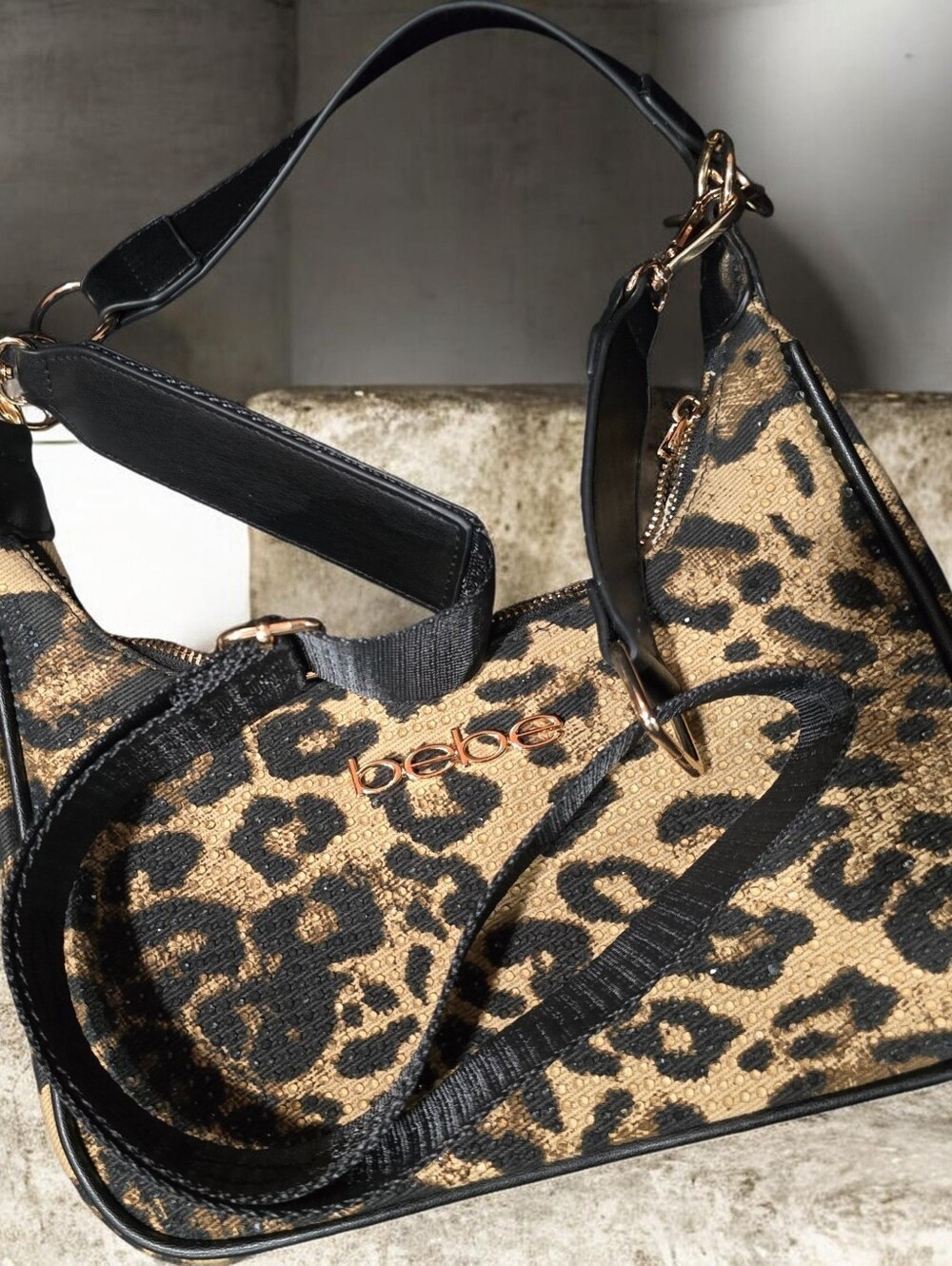 bebe Leopard-Pattern Shoulder Bag in Brown and Black with Gold Logo